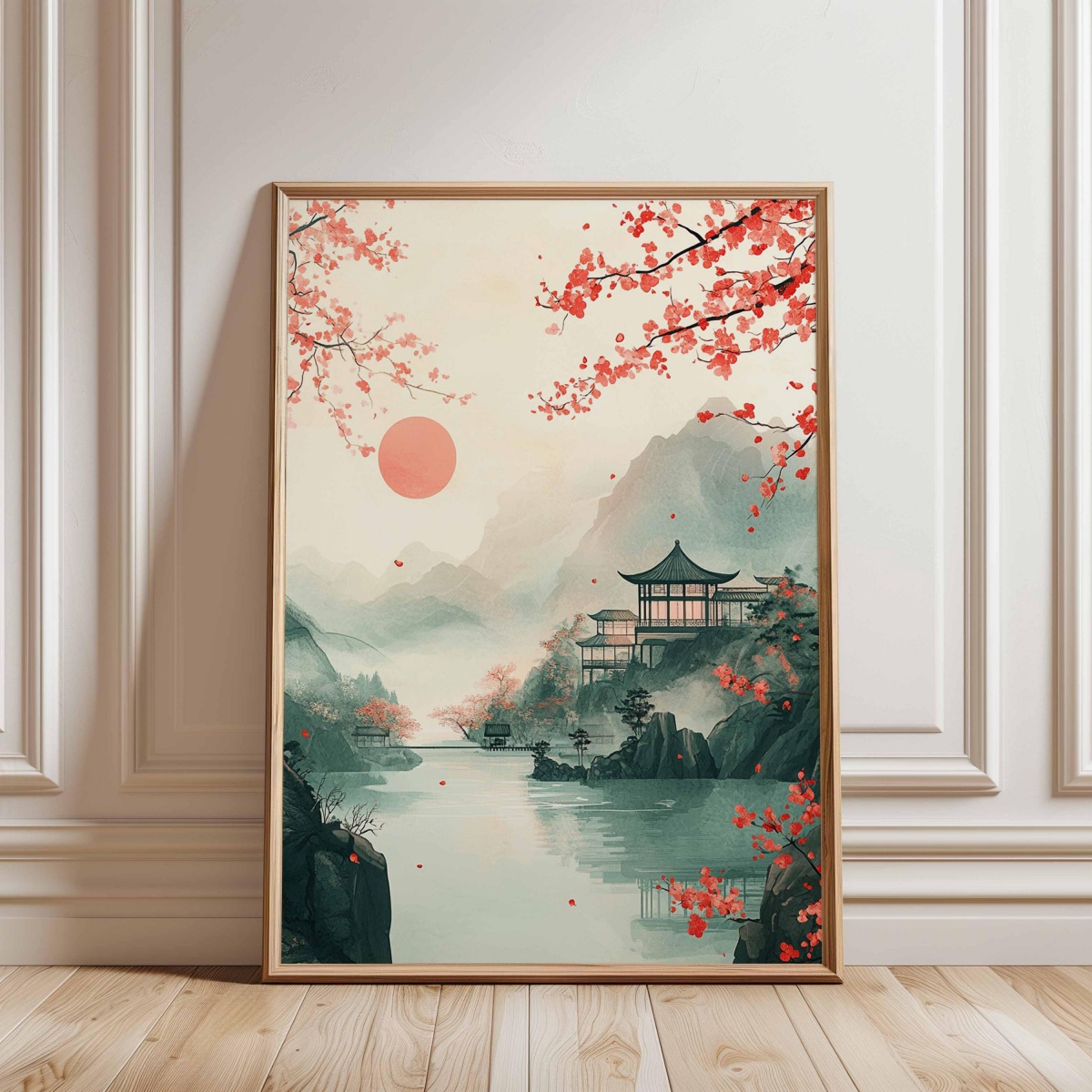 Home Decor Japandi Style - Japanese Cherry Blossom Temple Canvas Print