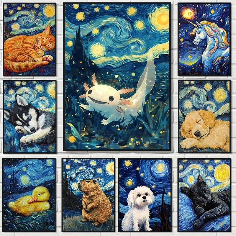 Home Decor Exhibition - Starry Night Cute Animals Poster Cat