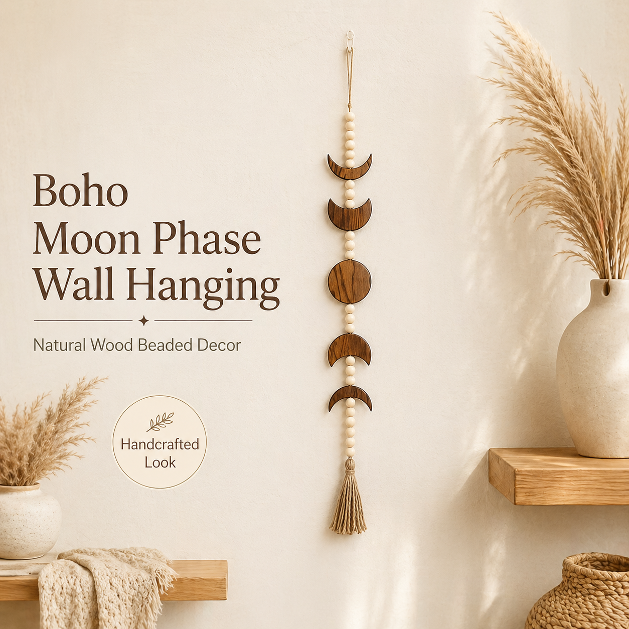 Boho Wind Chimes - Boho Moon Phase Wall Hanging Wooden