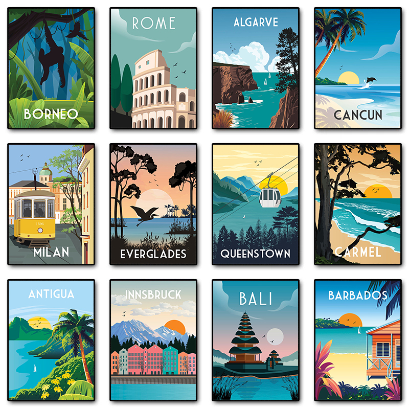 Travel Illustrated Canvas Pain - Home Decor Bali ulasan dan harga