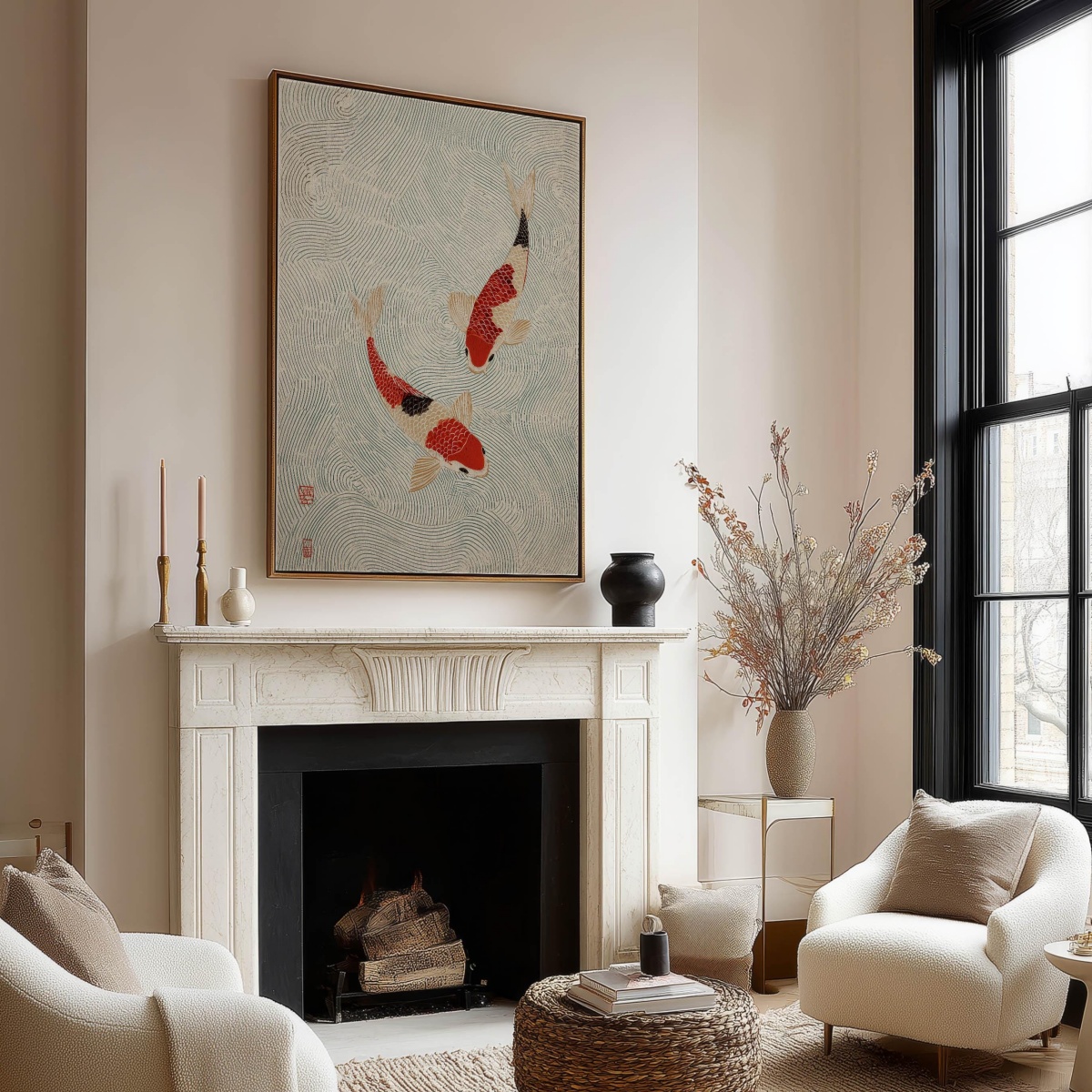 Japanese Red Cream Koi Canvas  - Home Decor Japandi Style ulasan dan harga
